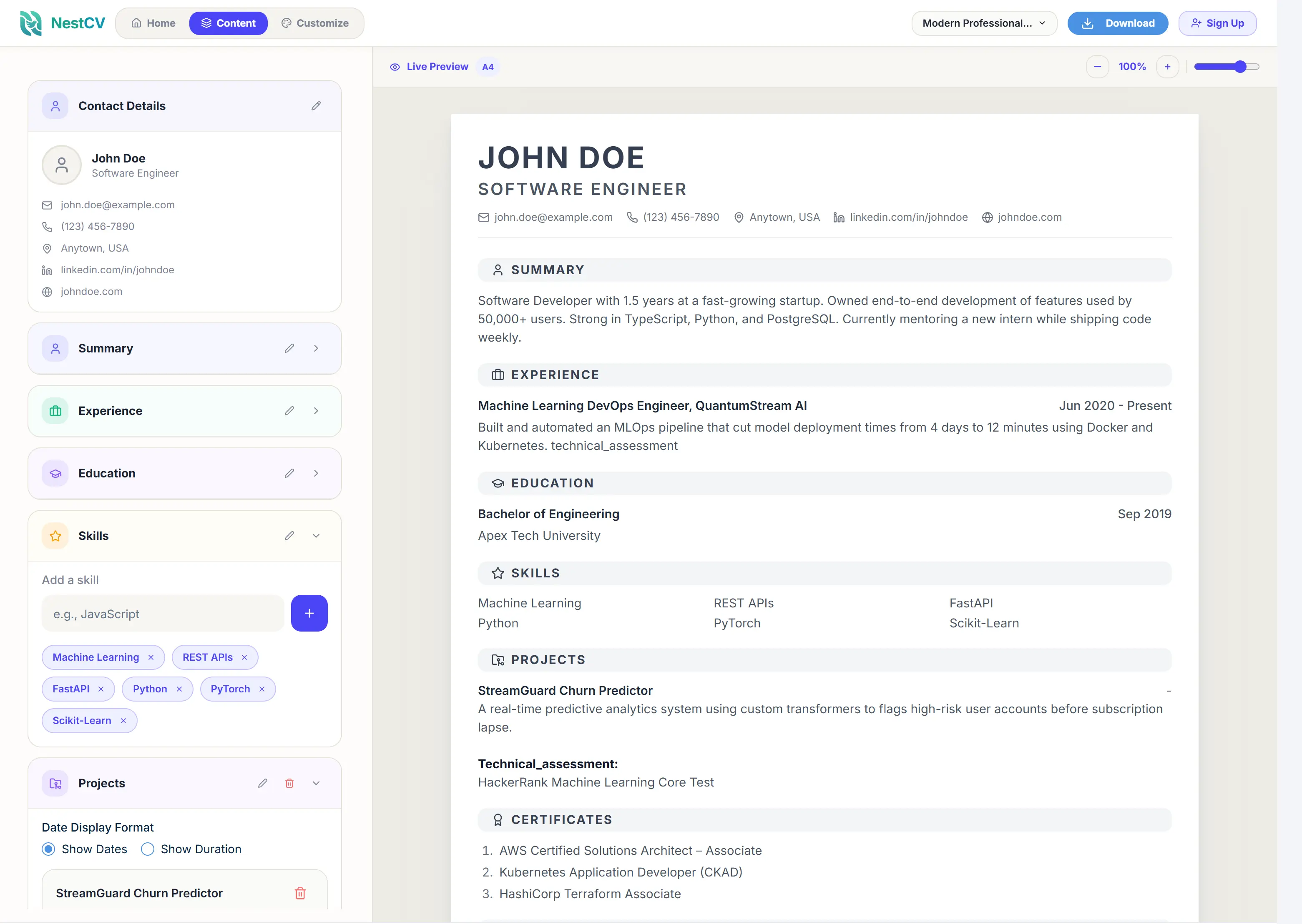 NestCV free resume builder live preview editor — left panel shows editable resume sections including contact details, summary, experience, education, skills, projects, and certificates; right panel shows the real-time professional resume preview with all sections populated and formatted