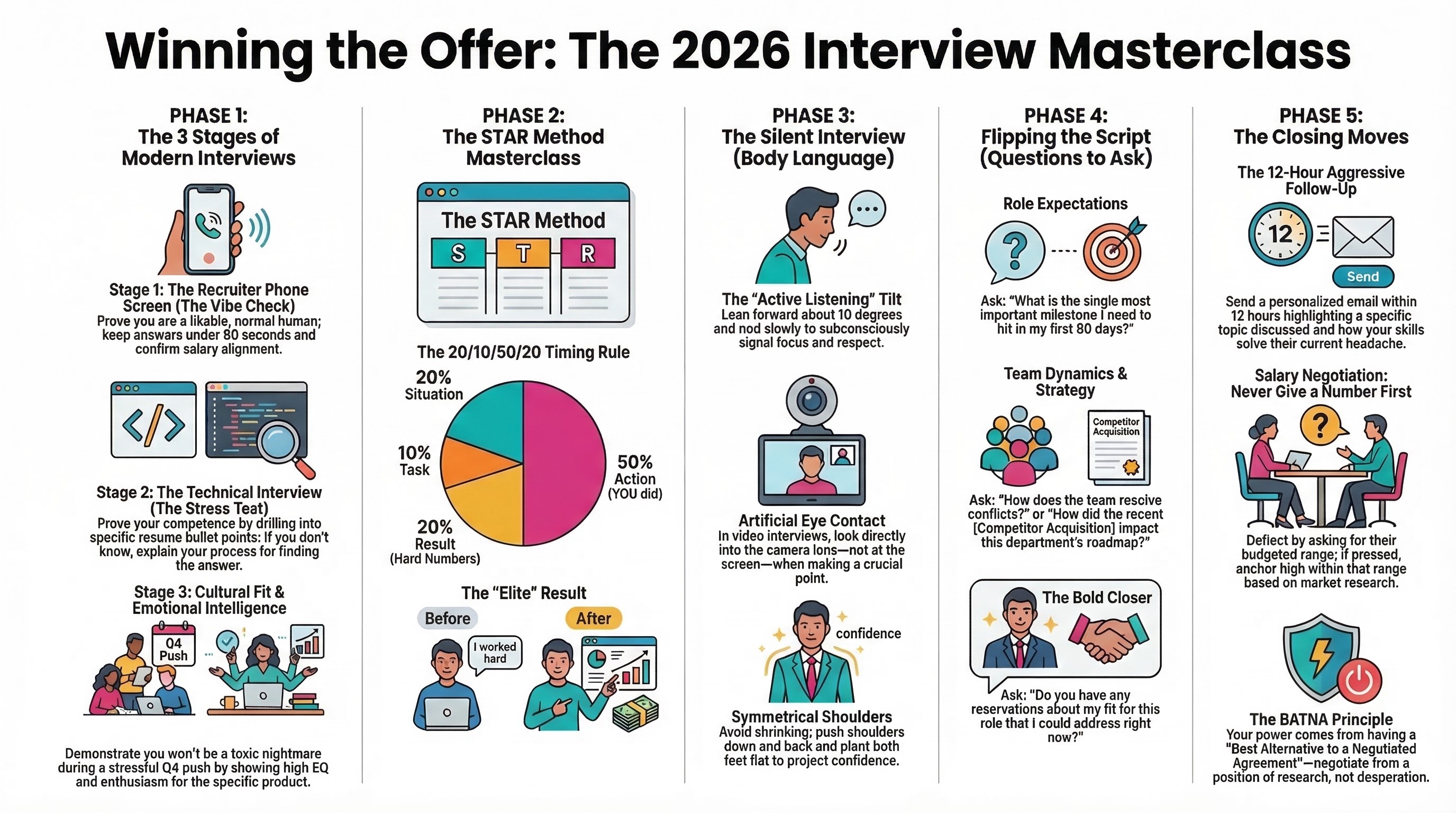 Modern interview preparation stages including recruiter screens, technical tests, and cultural fit evaluation to secure job offers
