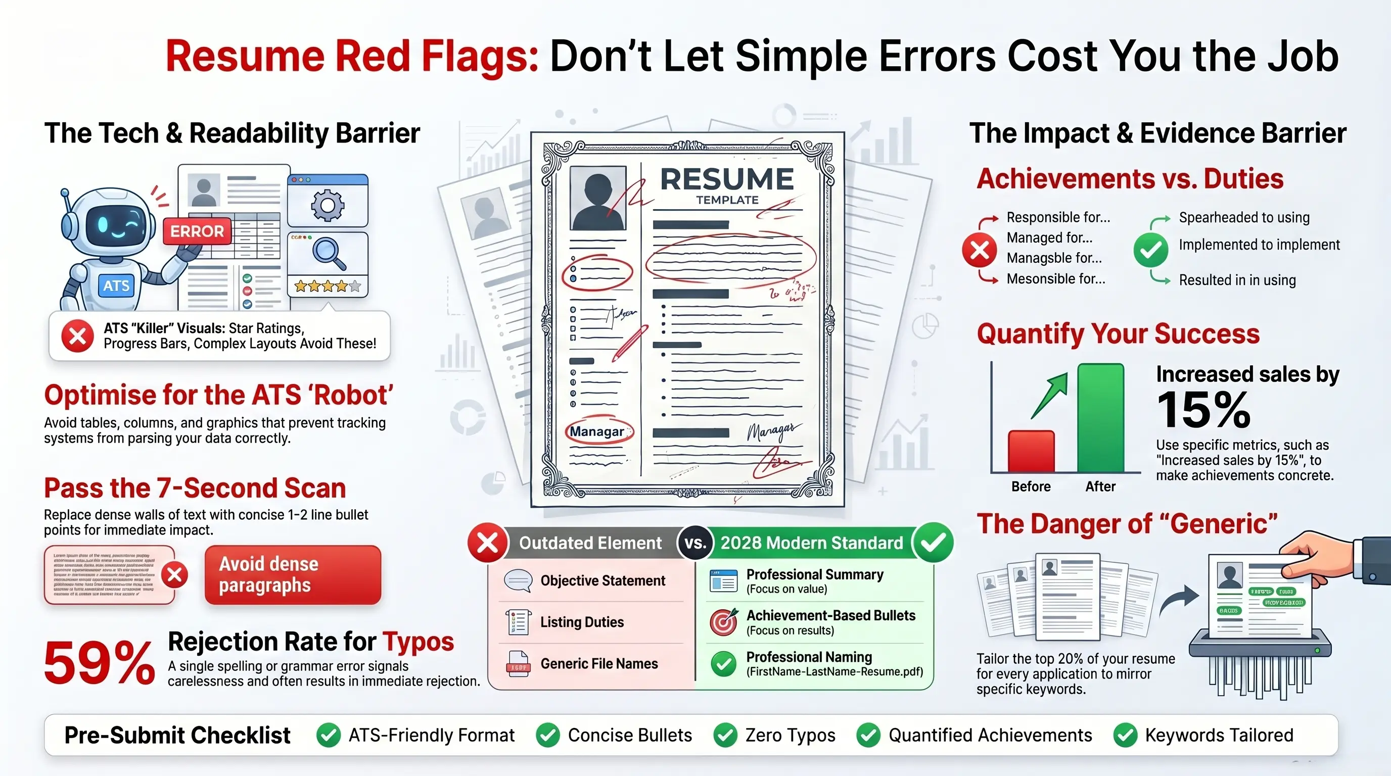 NestCV Resume Red Flags Infographic explaining common errors like formatting, typos, and poor keyword optimization
